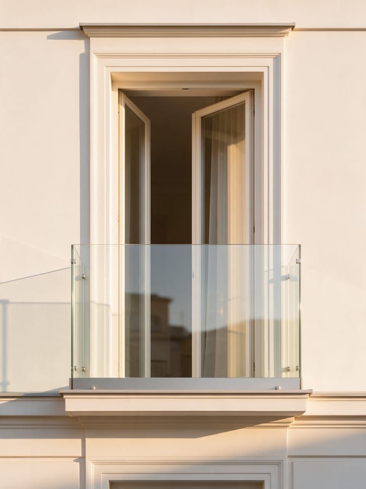 Bodentiefes Fenster mit vorgesetzter Glasbrüstung an einer hellen Fassade