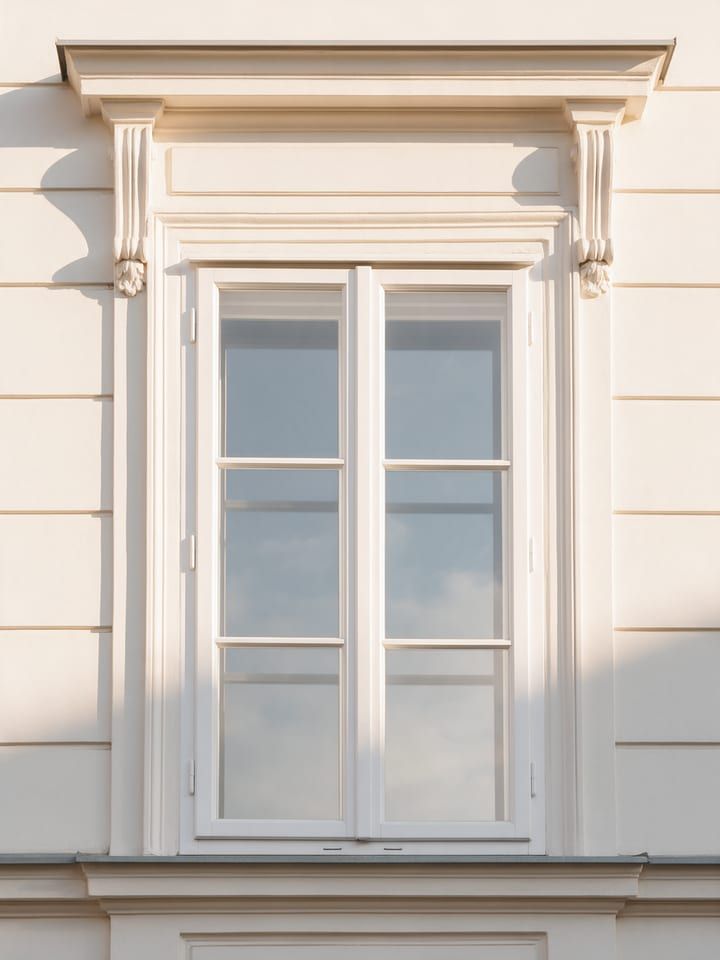 Weißes Holzfenster an einer hellen Altbaufassade mit Stuck