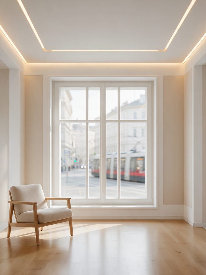 Helles Zimmer mit großem Fenster zu einer Straße mit Straßenbahn