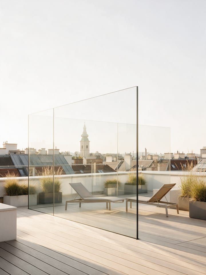Dachterrasse mit Windschutz aus Glas und Holzboden