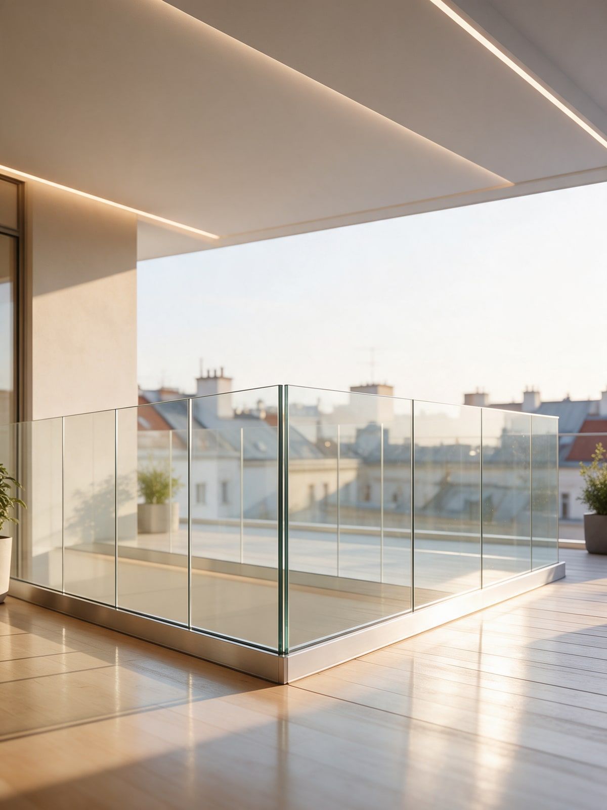 Glasgeländer auf einer Terrasse mit Blick über die Dächer der Stadt
