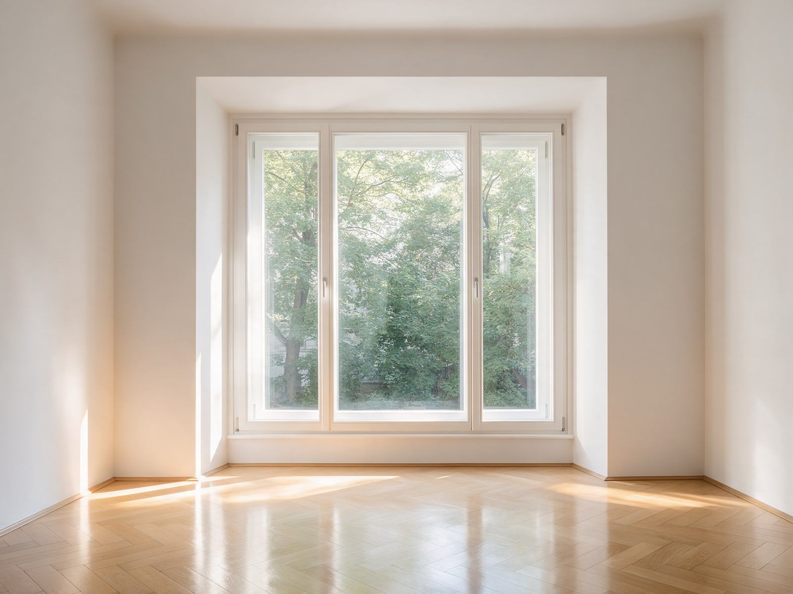 Großes weißes Fenster mit Isolierverglasung in einer hellen Altbauwohnung