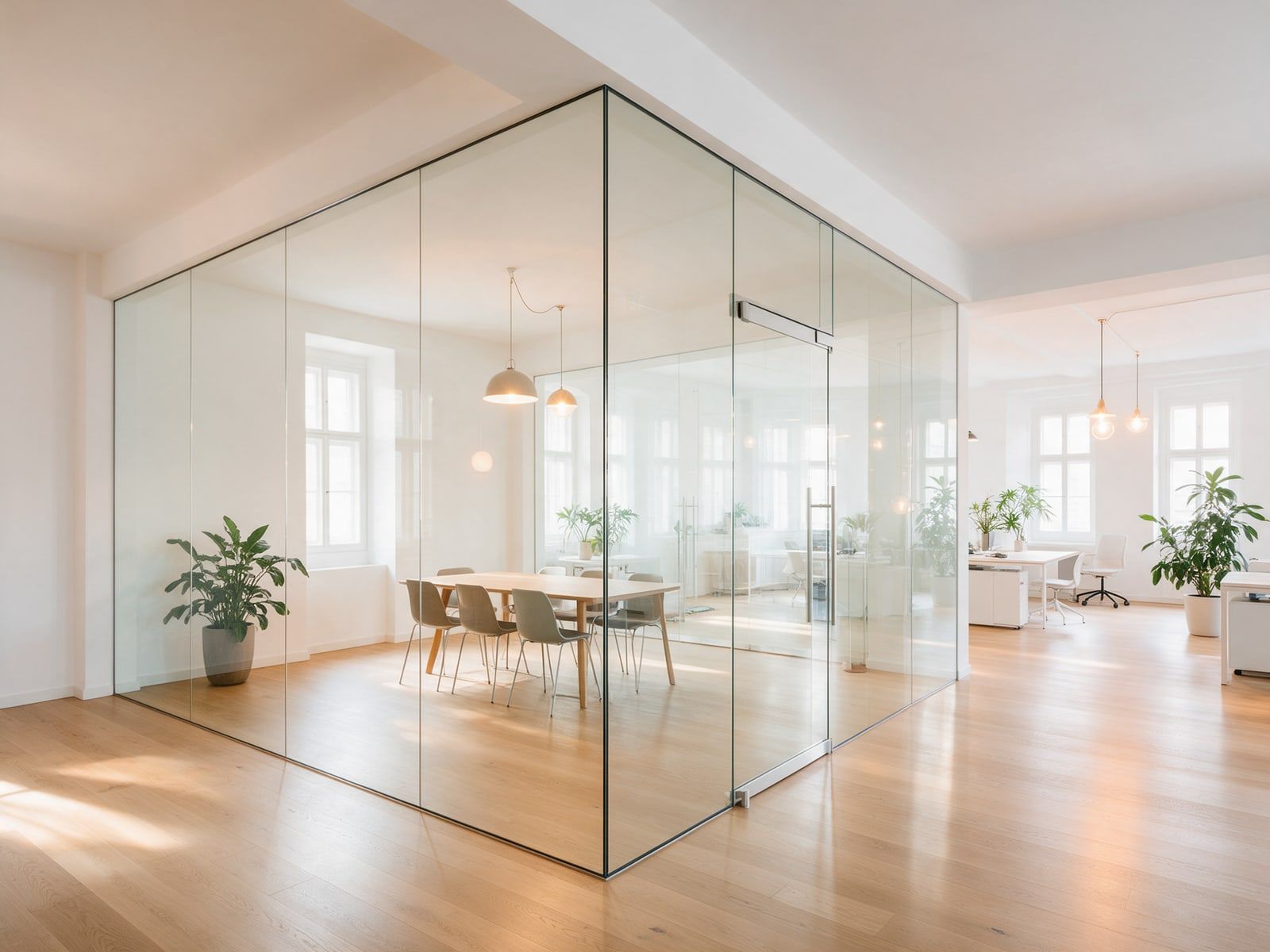 Besprechungsraum mit Glastrennwänden in einem hellen Büro