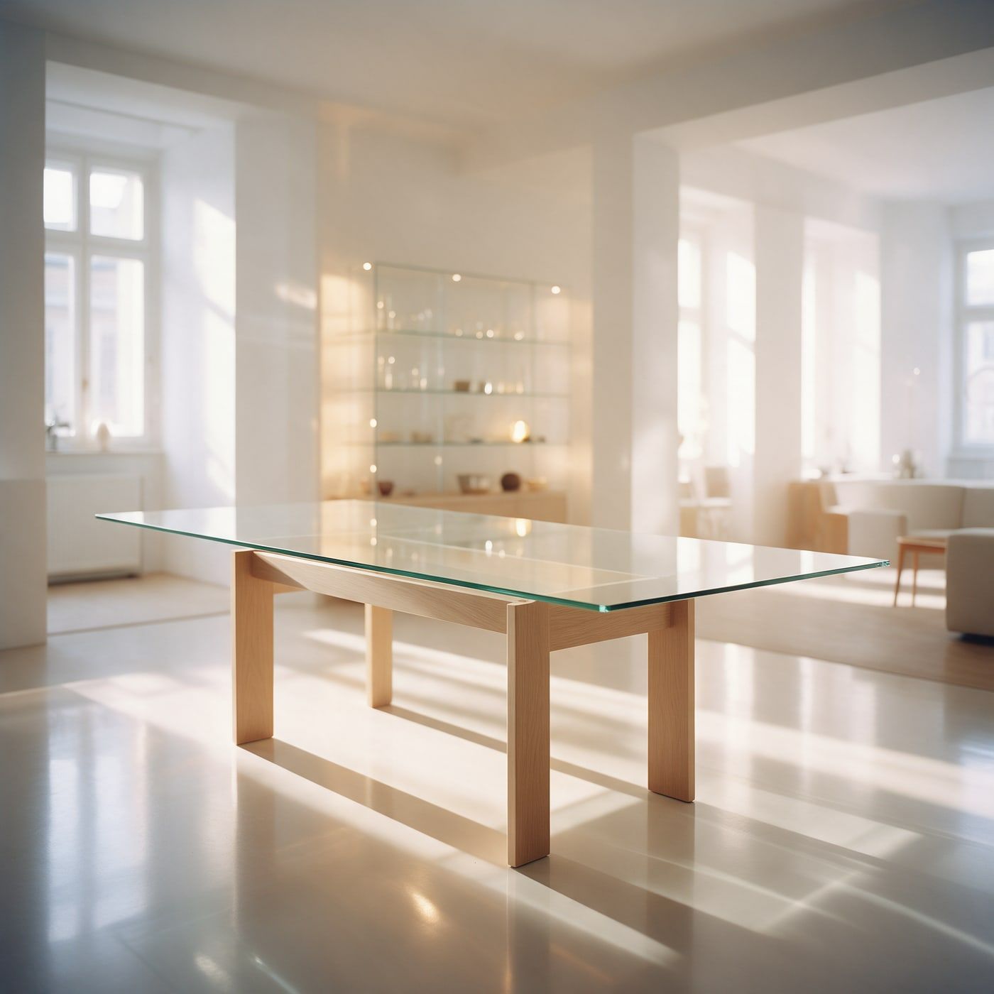 Esstisch mit Glasplatte, im Hintergrund eine Vitrine mit Glasböden