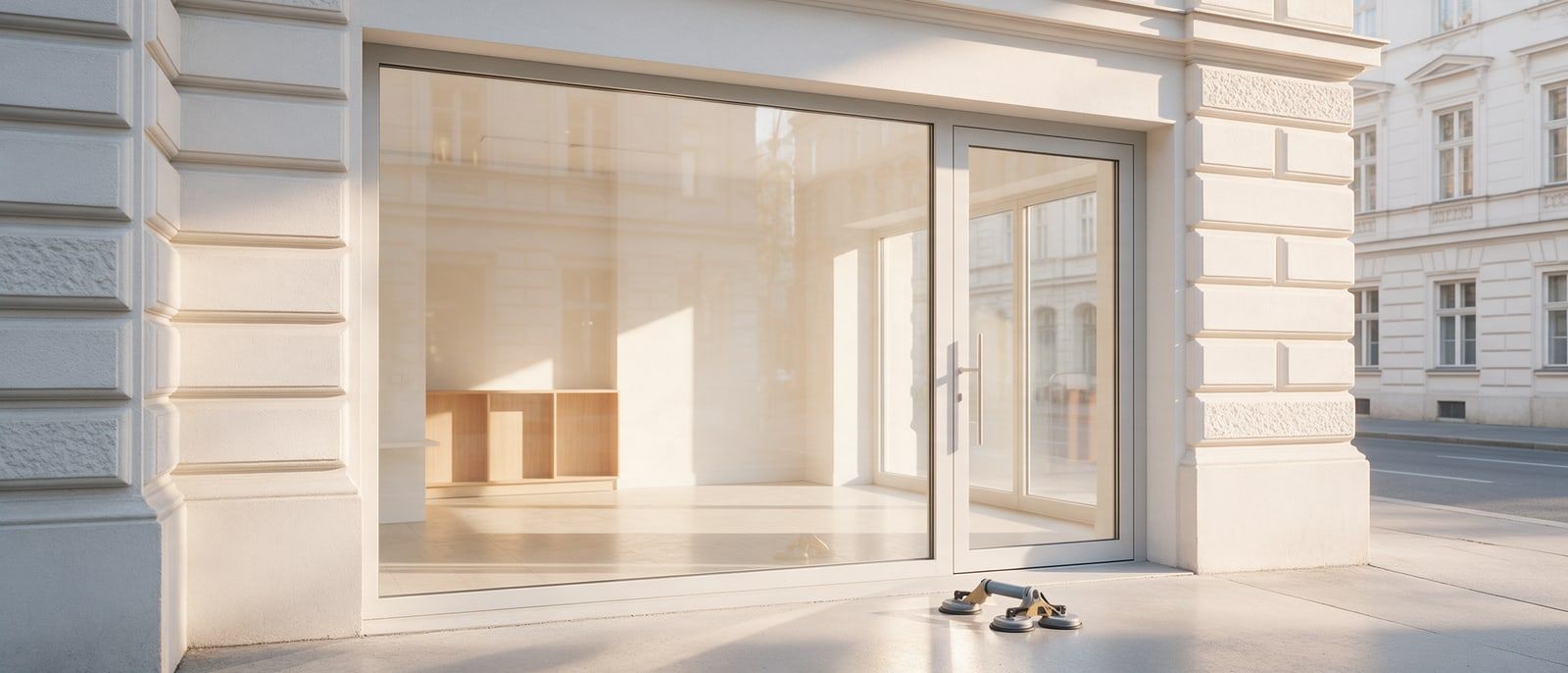 Neu verglaste Schaufensterfront eines Altbau-Geschäftslokals, davor ein Glassauger