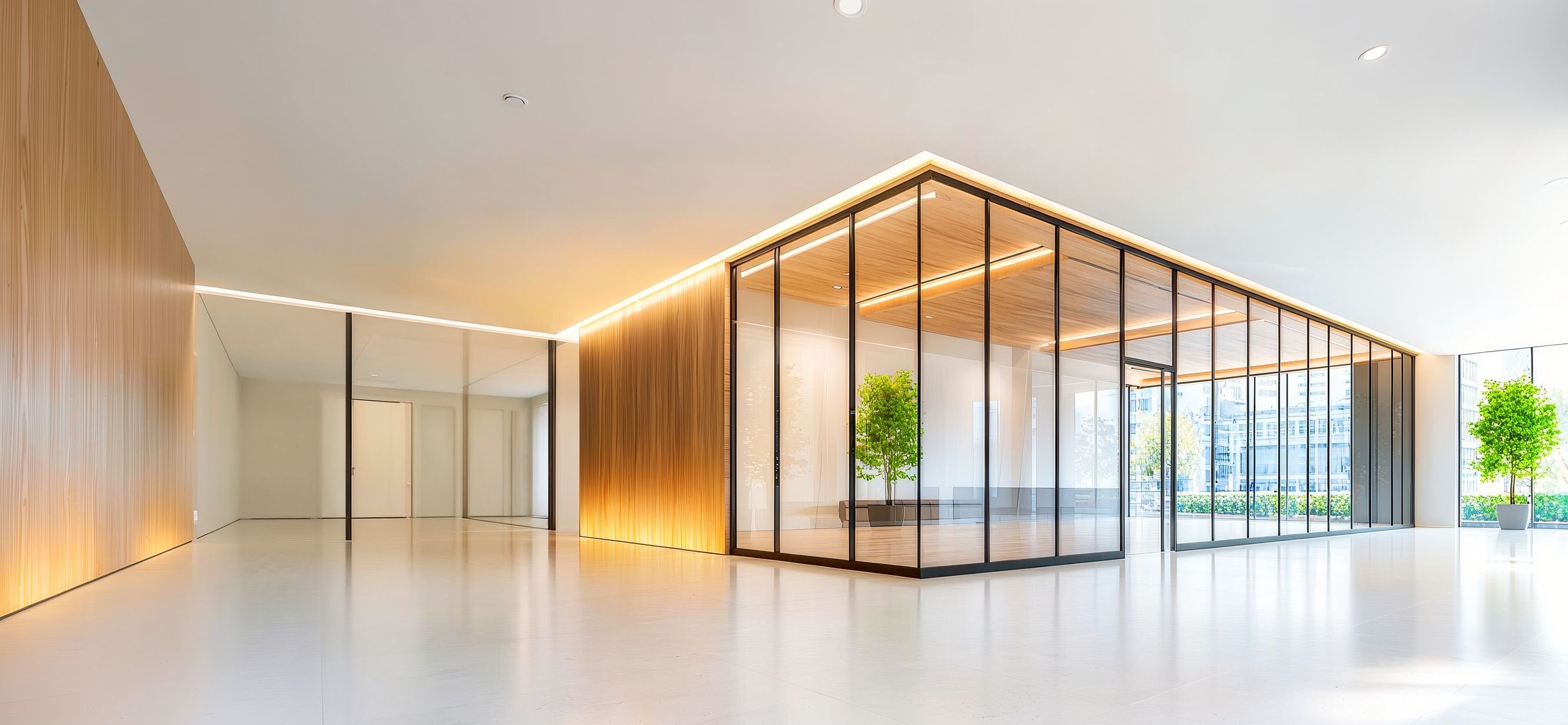 Glastrennwand mit schwarzen Profilen in einem hellen Foyer mit Holzwänden