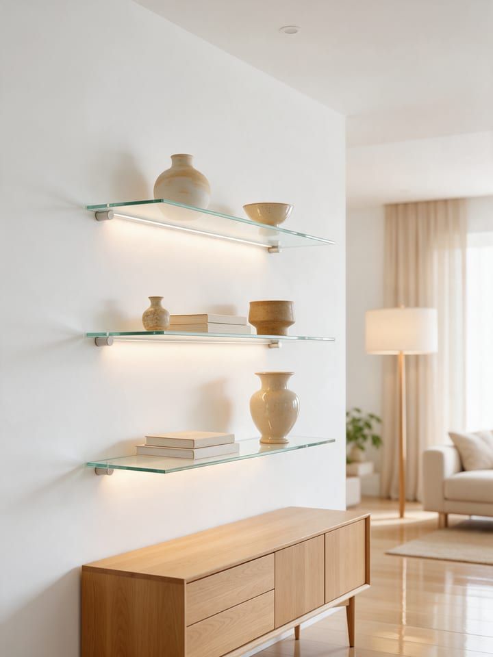 Glasregale mit polierten Kanten an einer hellen Wand