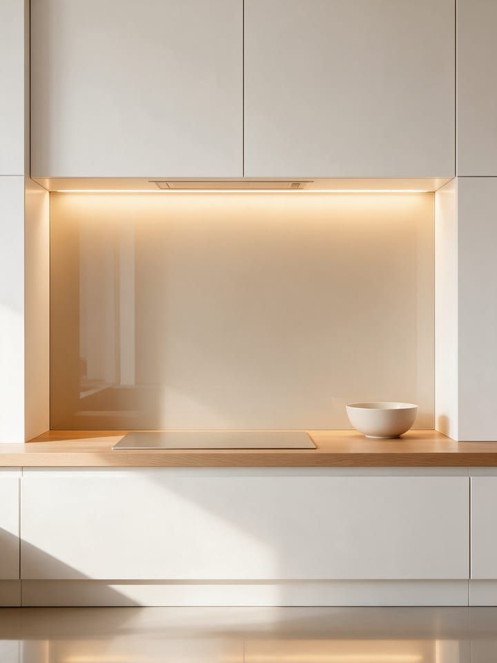 Küche mit Rückwand aus lackiertem Glas und Arbeitsplatte aus Holz