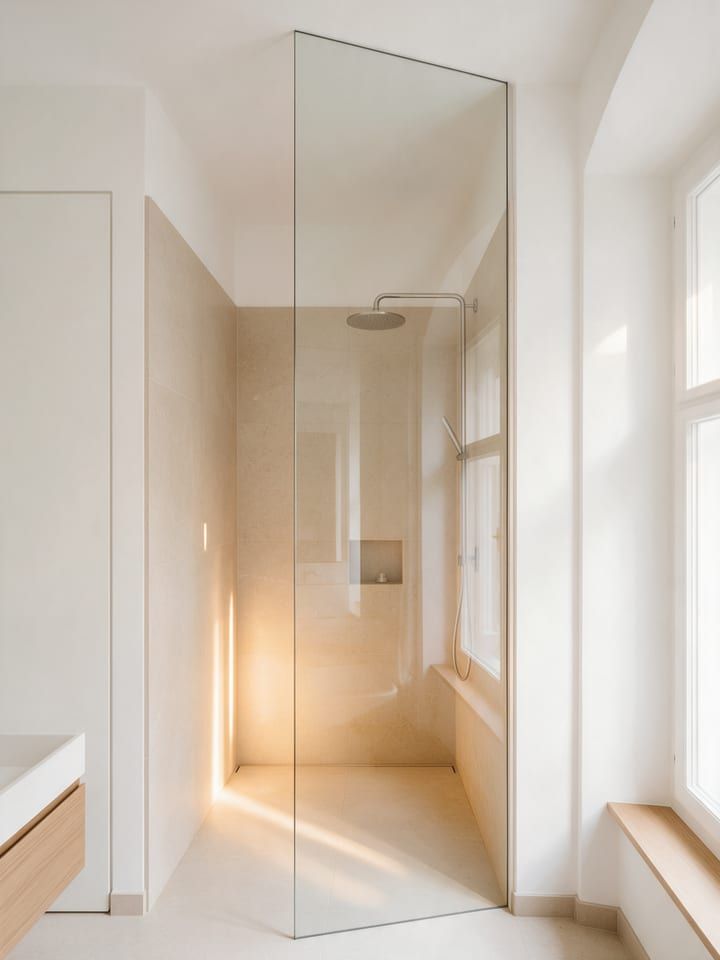 Walk-in-Dusche mit rahmenloser Glaswand und Regenbrause