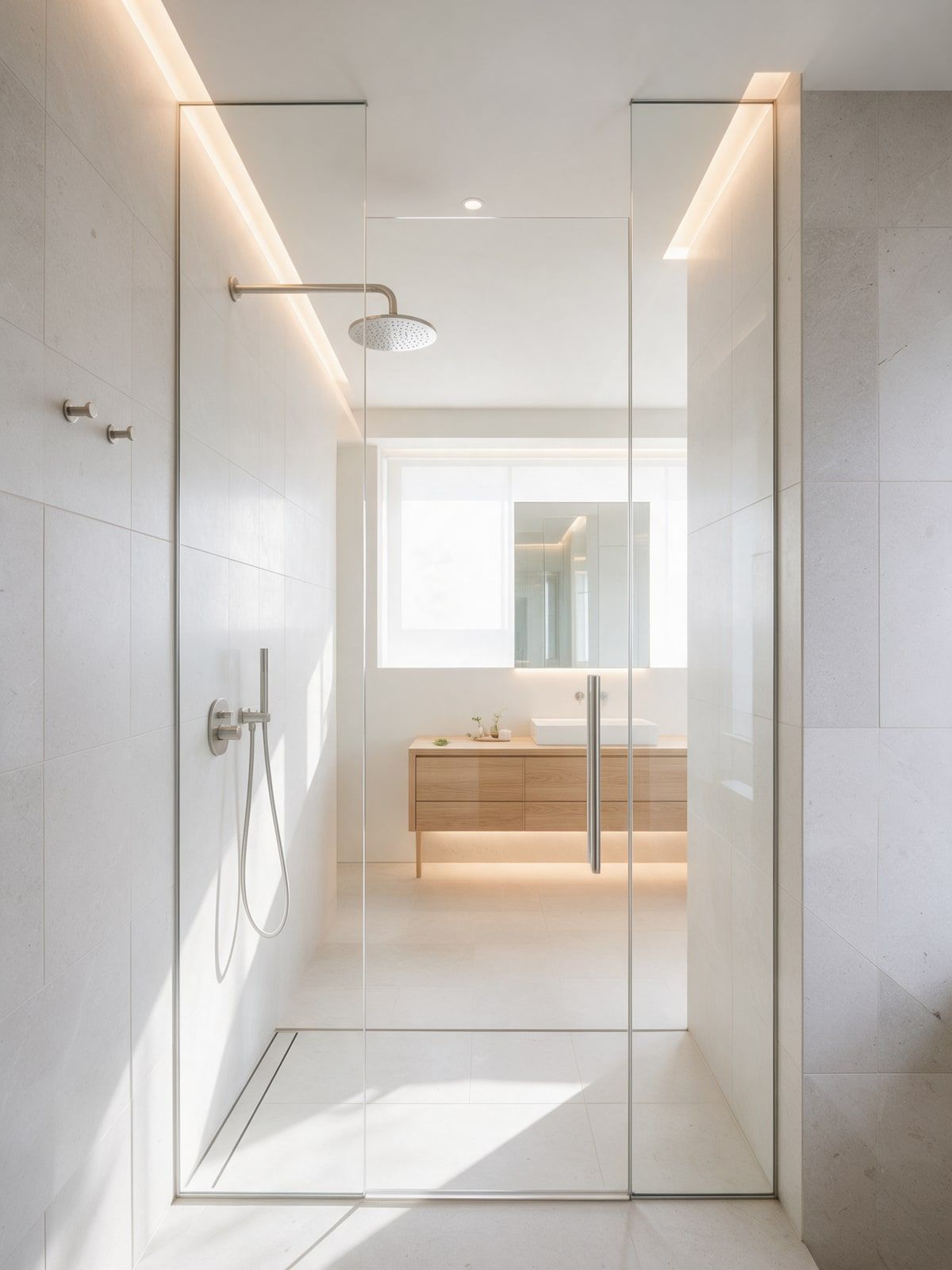 Walk-in-Dusche mit Glaswand in einem hellen Badezimmer