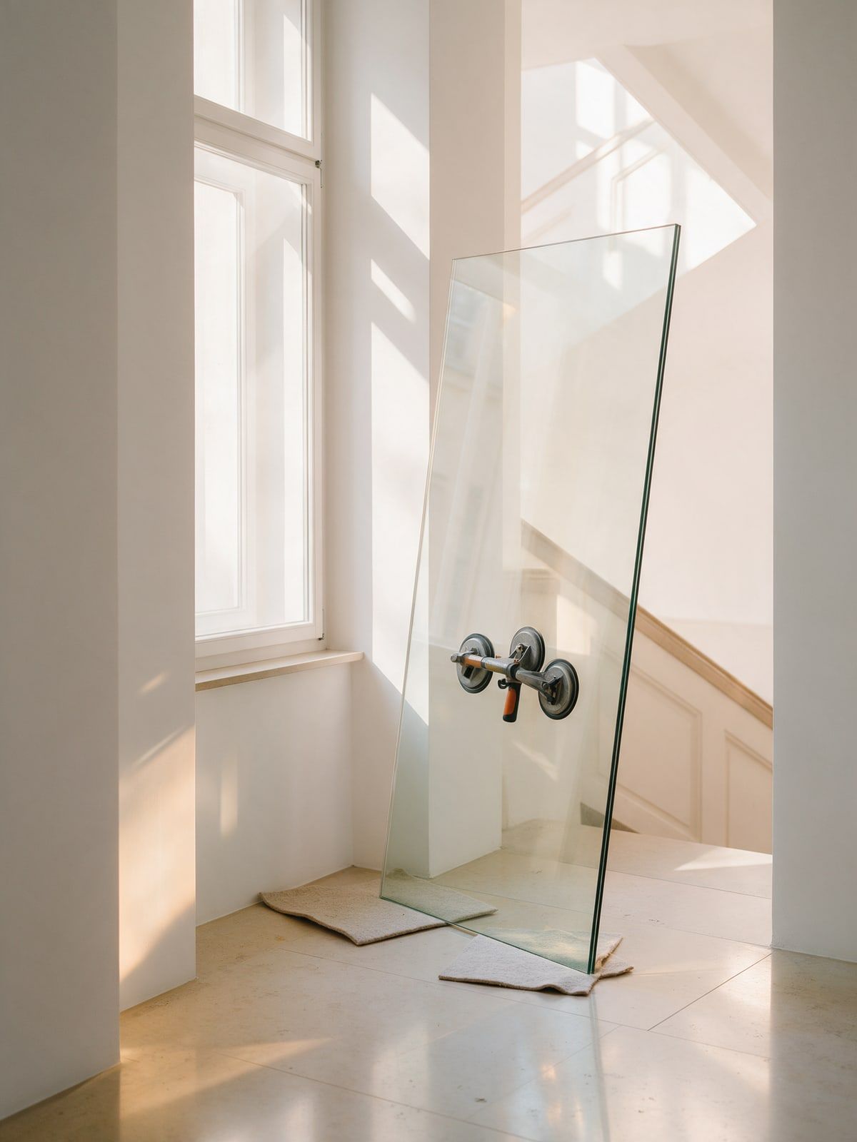 Neue Glasscheibe mit Glassauger im Stiegenhaus eines Altbaus