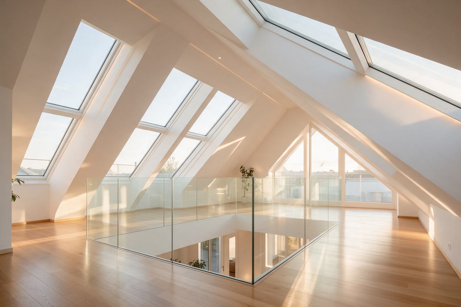 Heller Dachgeschossraum mit Dachfenstern und Glasgeländer an der Galerie